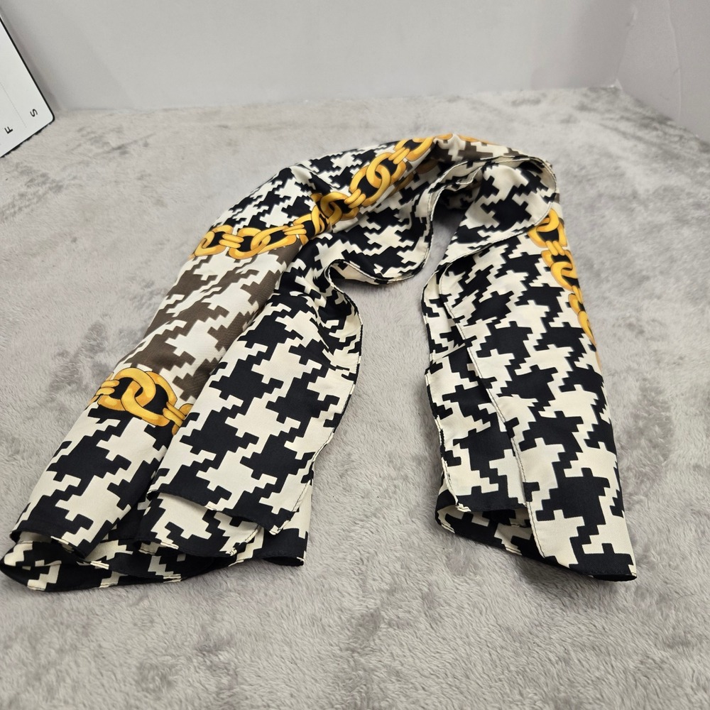 Baar & Beards Italy Scarf Houndstooth Gold Chain Link Black White Green Square